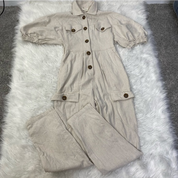 DIVINE HERITAGE XS Raglan Sleeve Utility Button-Down Jumpsuit Beige Linen Blend - Picture 6 of 16
